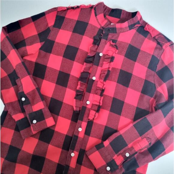 NSF x Free People Red Caleb Plaid Print Ruffle Front Raw Edge Flannel Top - Picture 1 of 8